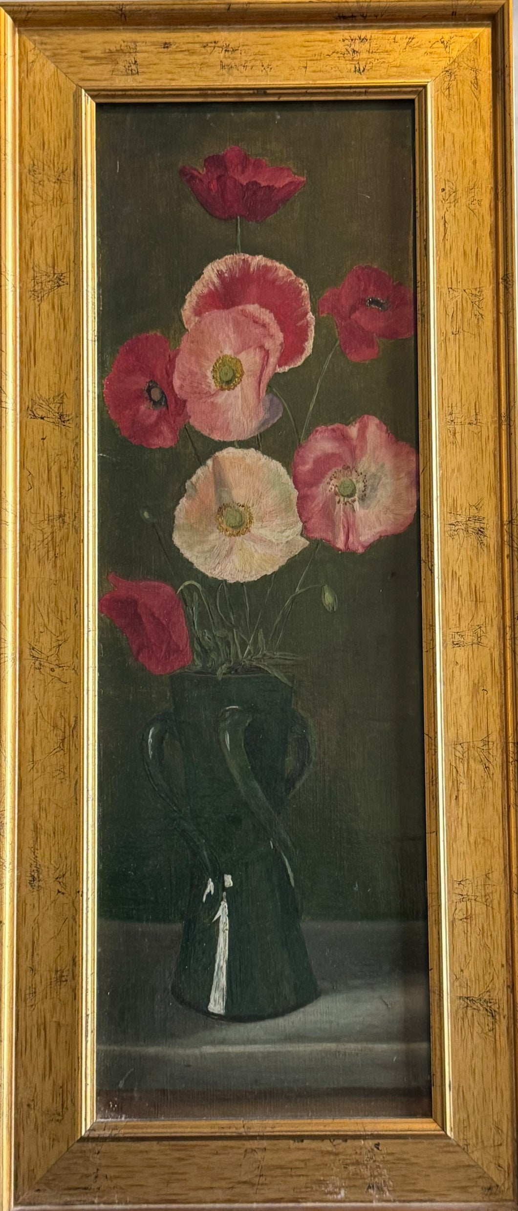 Oil painting on board: Poppies in an art pottery vase