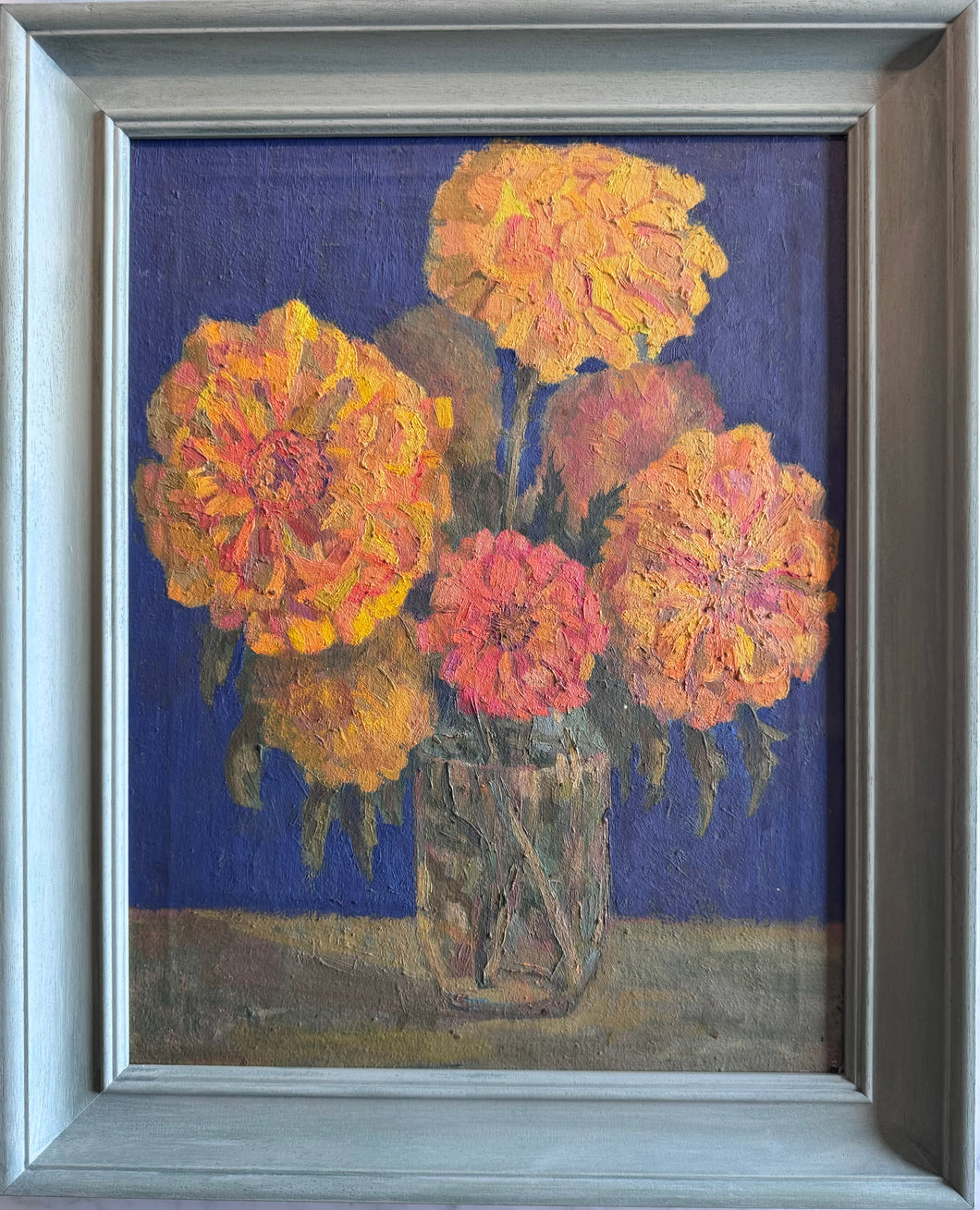 Oil painting on canvas: Yellow flowers in a glass jar