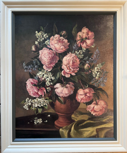 Large oil painting on board: Peonies and other flowers in a vase