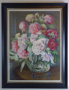 Large watercolour painting: Peonies in glass vase (artist: unknown)