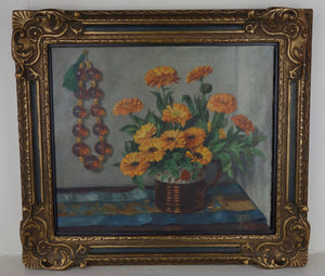 Oil painting on canvas: Marigolds in a lustre jug with amber beads (artist: Dorothy Priestly Caton-Woodville, 1959)