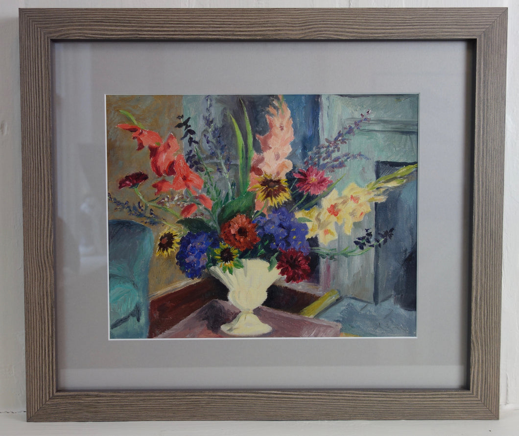 Oil painting on paper: Flowers from the artist's garden at Piper's Field, Winchester (artist: Margaret Niven ROI)