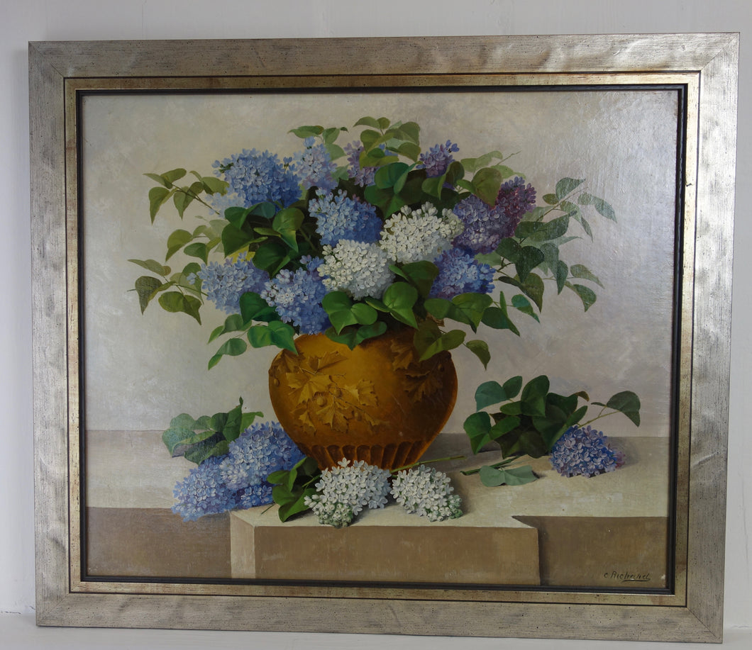 Oil painting on board: Vase of lilacs (artist: C Richard)