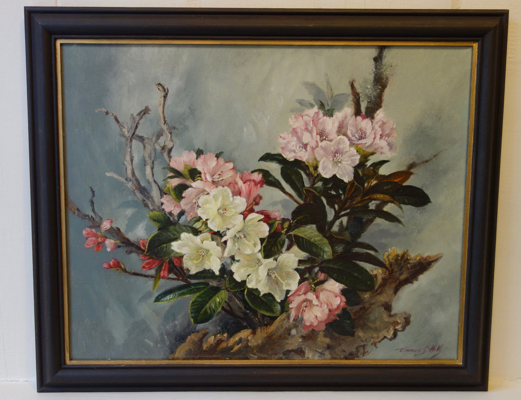 Oil painting on canvas: Woodland Flowers on Bark (artist: Thomas G Hill)