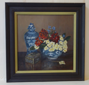 Oil painting on board: Summer flowers in Chinese bowl with jar (signed "OR")