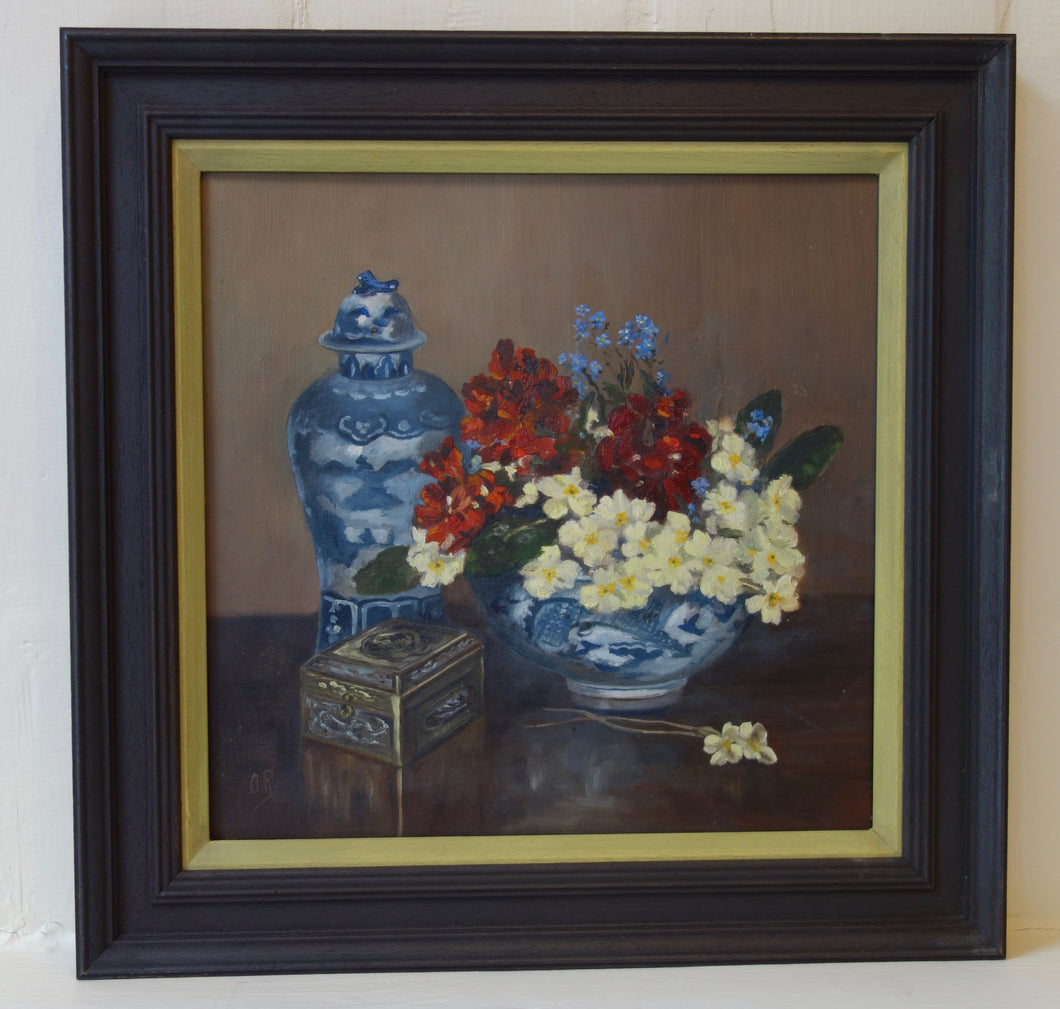 Oil painting on board: Summer flowers in Chinese bowl with jar (signed 