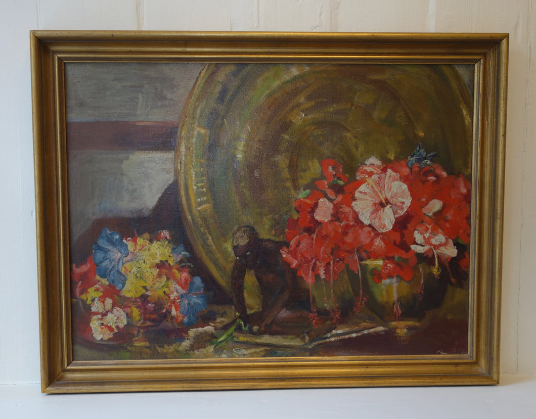 Oil painting on canvas: Hibiscus flowers, brass tray and figurine (artist: Gabrielle Levy)