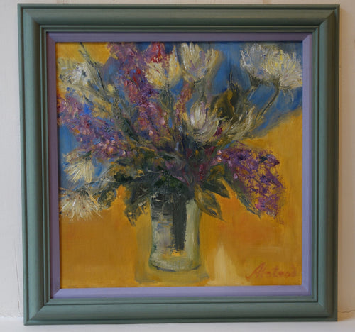 Oil painting on board: Jar of flowers (artist: Joy Alstead)