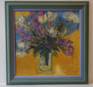 Oil painting on board: Jar of flowers (artist: Joy Alstead)