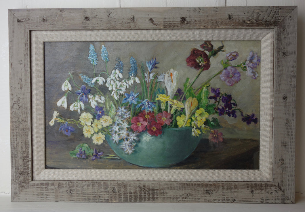 Oil Painting on board: Spring flowers in a glass bowl (artist: Dorothy Priestly Caton-Woodville)