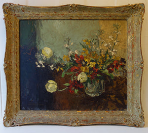 Oil painting on board: Glass vase of spring flowers (artist: R Hodgkinson)