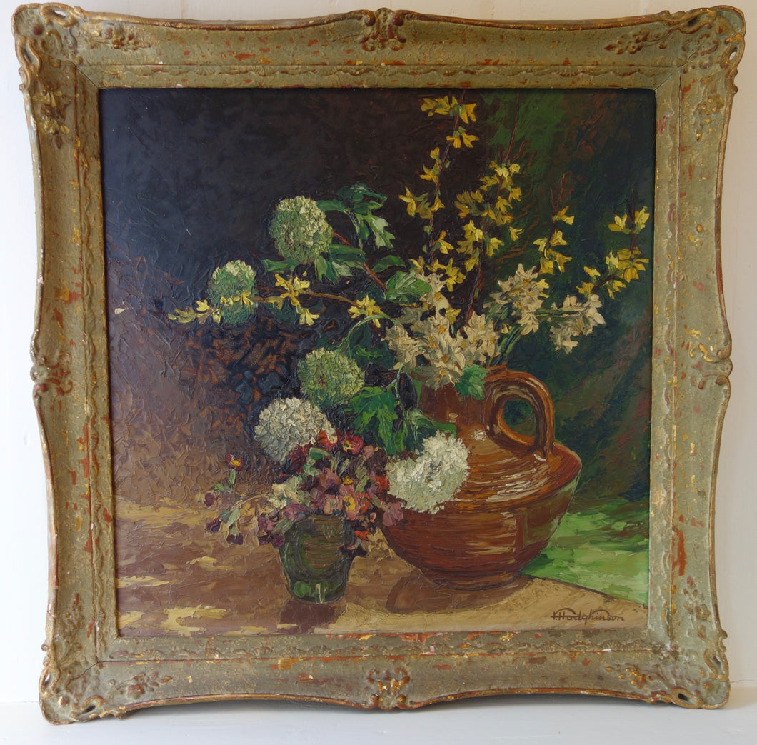 Oil painting on board: Two vases of Spring flowers (artist: R Hodgkinson)