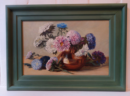 Oil painting on board: Chrysanthemums in a copper vase (artist: F H Wood)