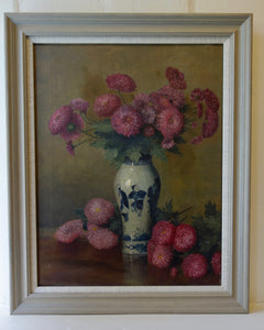Oil painting on canvas: Chrysanthemums in an Oriental vase (artist: Beatrice Poplett)