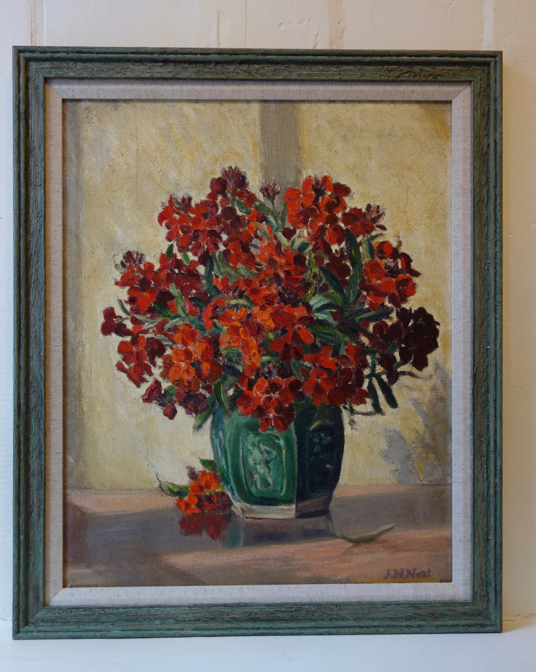 Oil painting on board: Red phlox in a green vase (artist: J N Neal)
