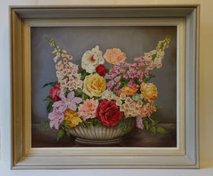 Oil painting on board: Summer flowers (artist: E Harris)