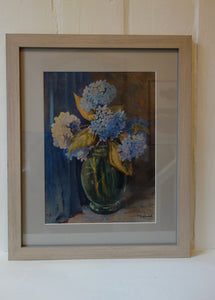 Watercolour painting on paper: Hydrangeas in a glass vase (artist: F England)