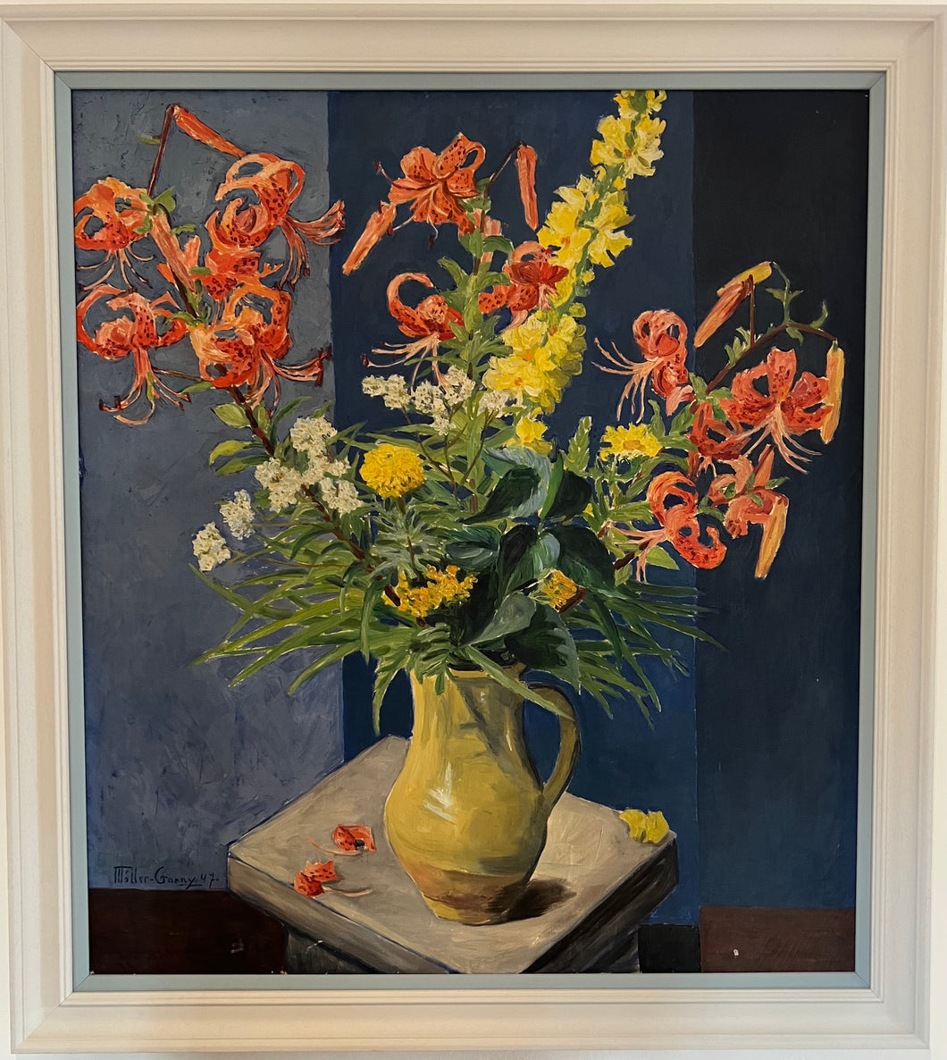 Oil Painting on canvas: Flowers in a yellow jug (artist Moller Garny 1947)