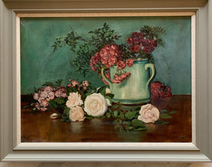 Oil painting on canvas: Roses in a turquoise mug (artist's signature indistinct)