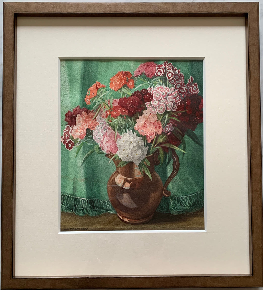 Watercolour on paper: Sweet williams in a lustre jug (artist: Arthur Rigden Reed 1879-1955)