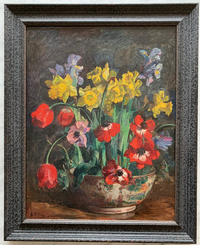 Oil painting on canvas:  Spring flowers in a 'famille rose' bowl (artist: A M Veness)