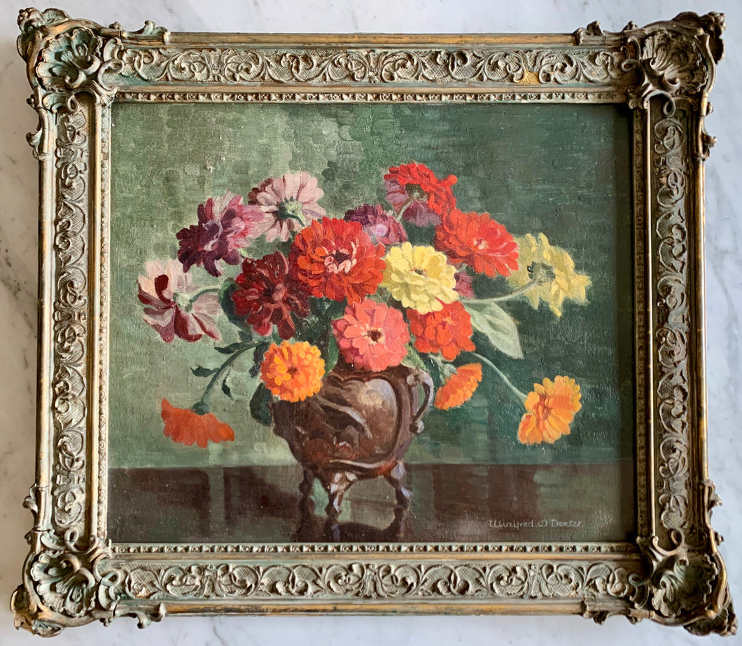 Oil painting on canvas: Zinnias in a bronze pot (artist: Winifred M Dexter)