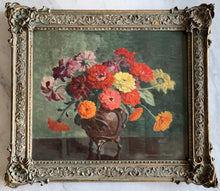 Load image into Gallery viewer, Oil painting on canvas: Zinnias in a bronze pot (artist: Winifred M Dexter)