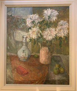 Oil painting on canvas: Dahlias in a pink jug (artist: Madelene Galloway)