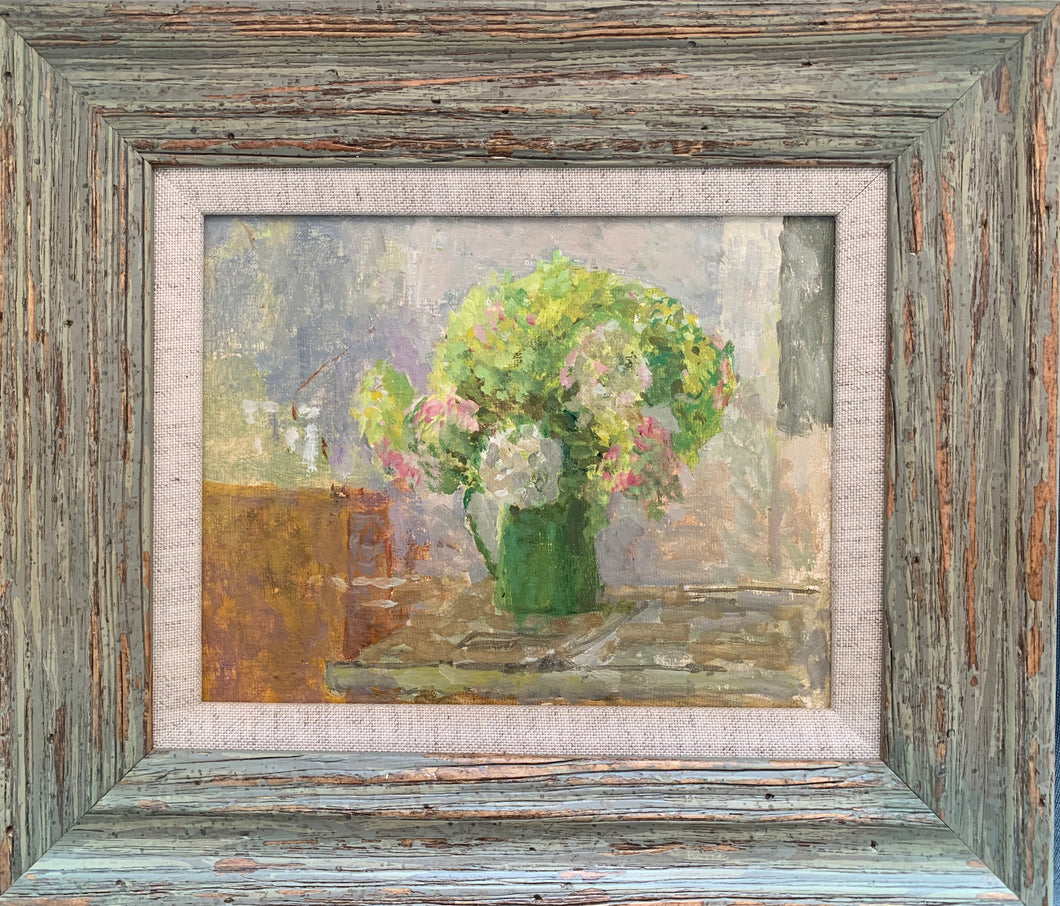 Oil painting on board: Hydrangeas in a green jug (by Fred Duberry RA, 1926-2011, unsigned)