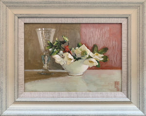 Oil painting on board: Heliobores, holly and a glass (Artist Frederick Boyd Waters)
