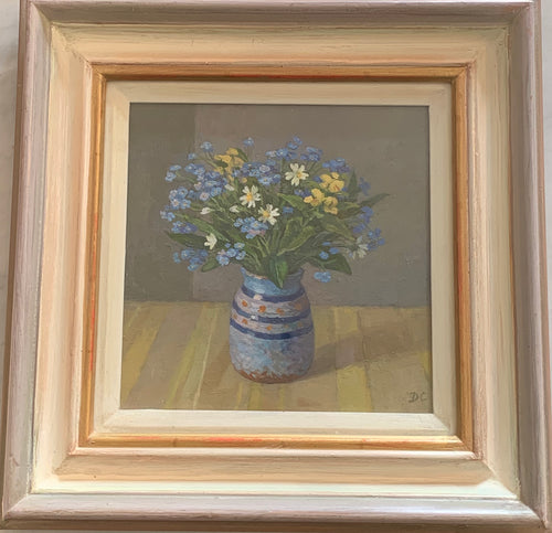Oil painting on board: Forget-me-nots in earthenware jar (artist initials 