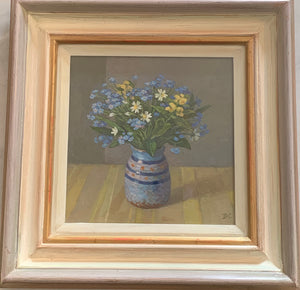 Oil painting on board: Forget-me-nots in earthenware jar (artist initials "DC")