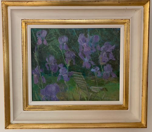 Oil painting on board: Irises (artist Fred Dubery RA 1926-2011)
