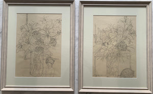 Pair of pencil on paper drawings: Lilies and carnations (artist Joanne Brogden RA 1929-2013