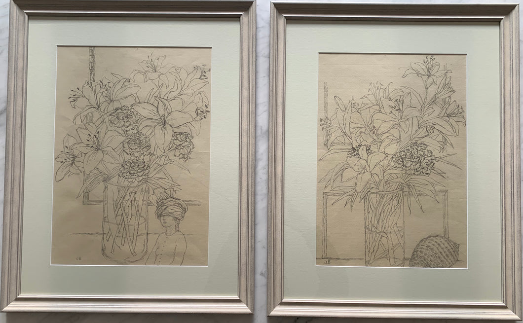 Pair of pencil on paper drawings: Lilies and carnations (artist Joanne Brogden RA 1929-2013