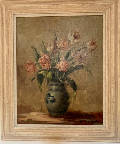 Oil painting on canvas: Pink tulips in a blue and white jug (indistinctly signed)