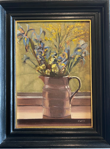 Oil paining on canvas: Blue and yellow flowers in a jug