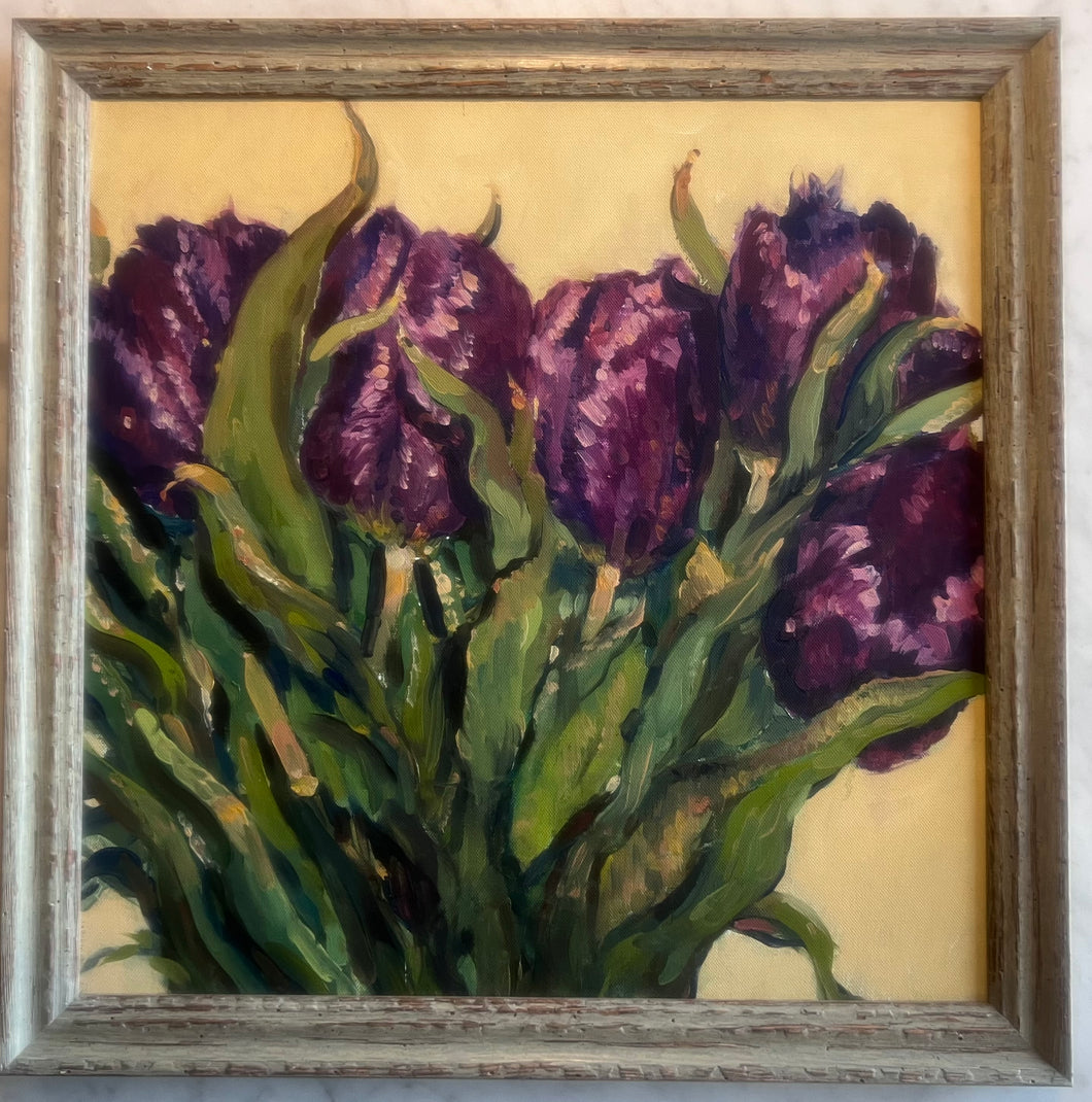 Oil painting on canvas: Purple Tulips (artist: Sarah Webb)