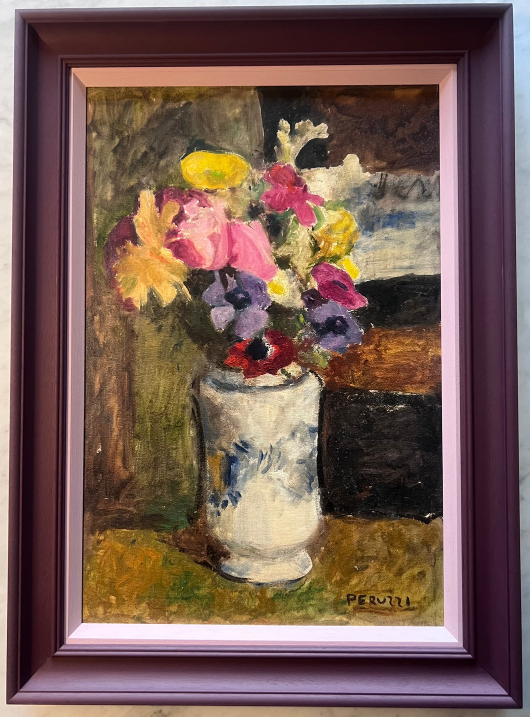 Oil painting on canvas: Flowers in blue and white vase (artist: Cesarre Peruzzi 1894-1995)