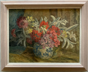 Oil painting on canvas: Summer flowers in blue and white vase (E. Charlesworth)
