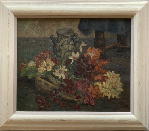 Oil painting on canvas: Spring flowers with jug (E. Charlesworth)