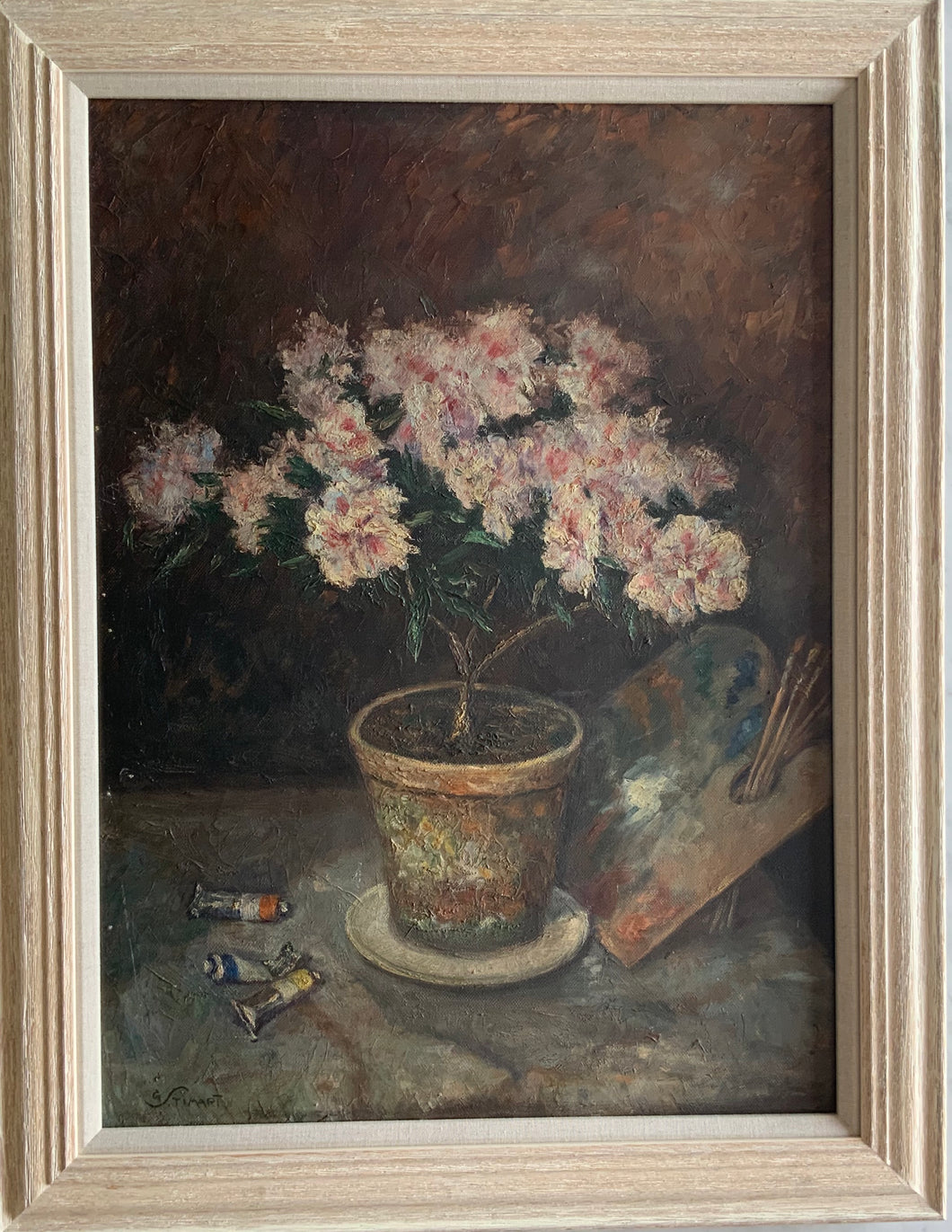 Oil painting on canvas: Pink flowers and palette (artist Georges Stimart, 1886-1952)