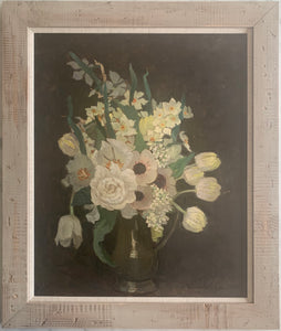 Oil painting on board: Spring flowers in a brown jug (artist Ann St John Partridge)