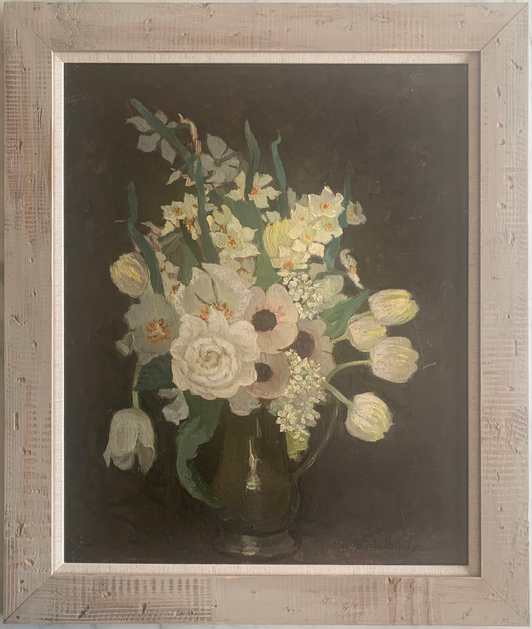 Oil painting on board: Spring flowers in a brown jug (artist Ann St John Partridge)