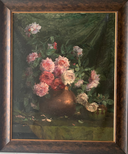 Oil painting on canvas: Red and pink roses in a copper pot (artist Eugene Bertrand)