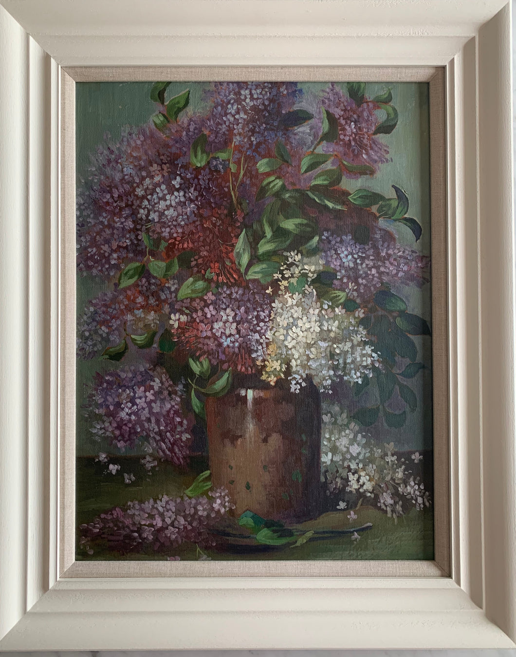 Oil painting on board: Lilacs in a brown pot (unsigned)