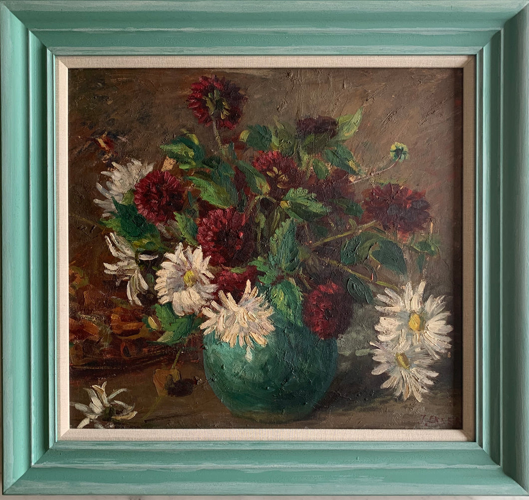 Oil painting on board: Red and White dahlias in a turquoise vase (signature indistinct)