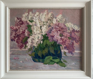 Oil painting on board: Lilacs (Anatoli Maryanovich Vaskevich, Ukranian b 1936)
