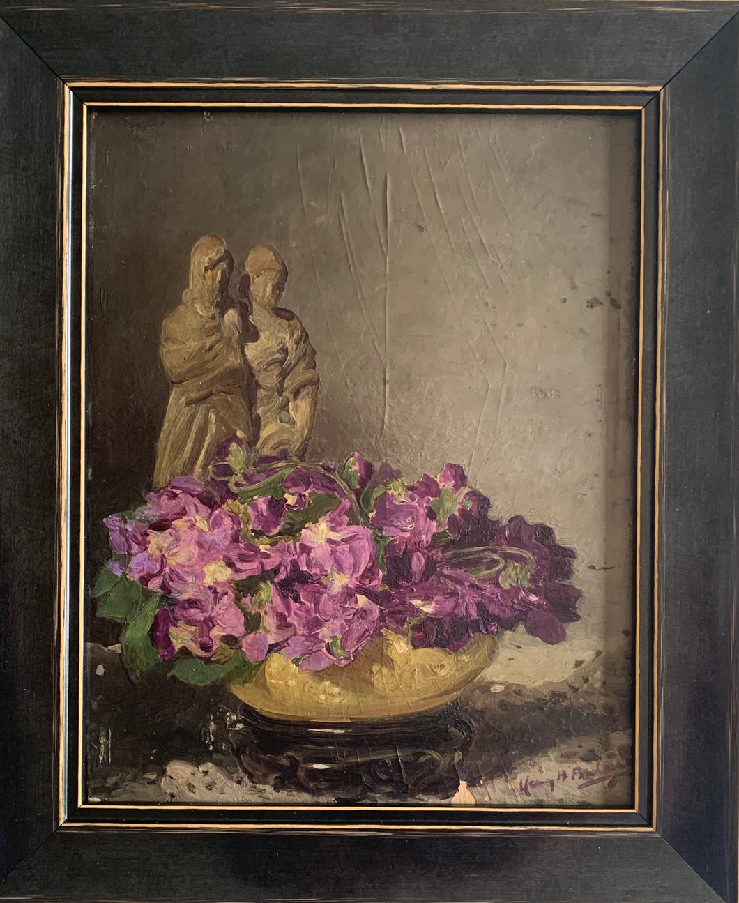 Oil painting on board: Violets and figures (signature indistinct)