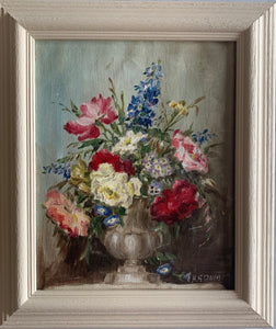 Oil painting on board: Roses and delphiniums in an urn (artist H G Davis)